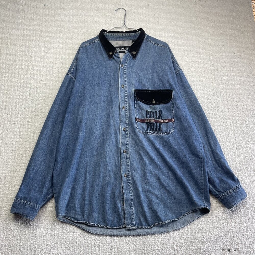 Vintage Marc Buchanan Pelle Pelle Logo Denim Shirt Jacket XL Hong Kong Retro **